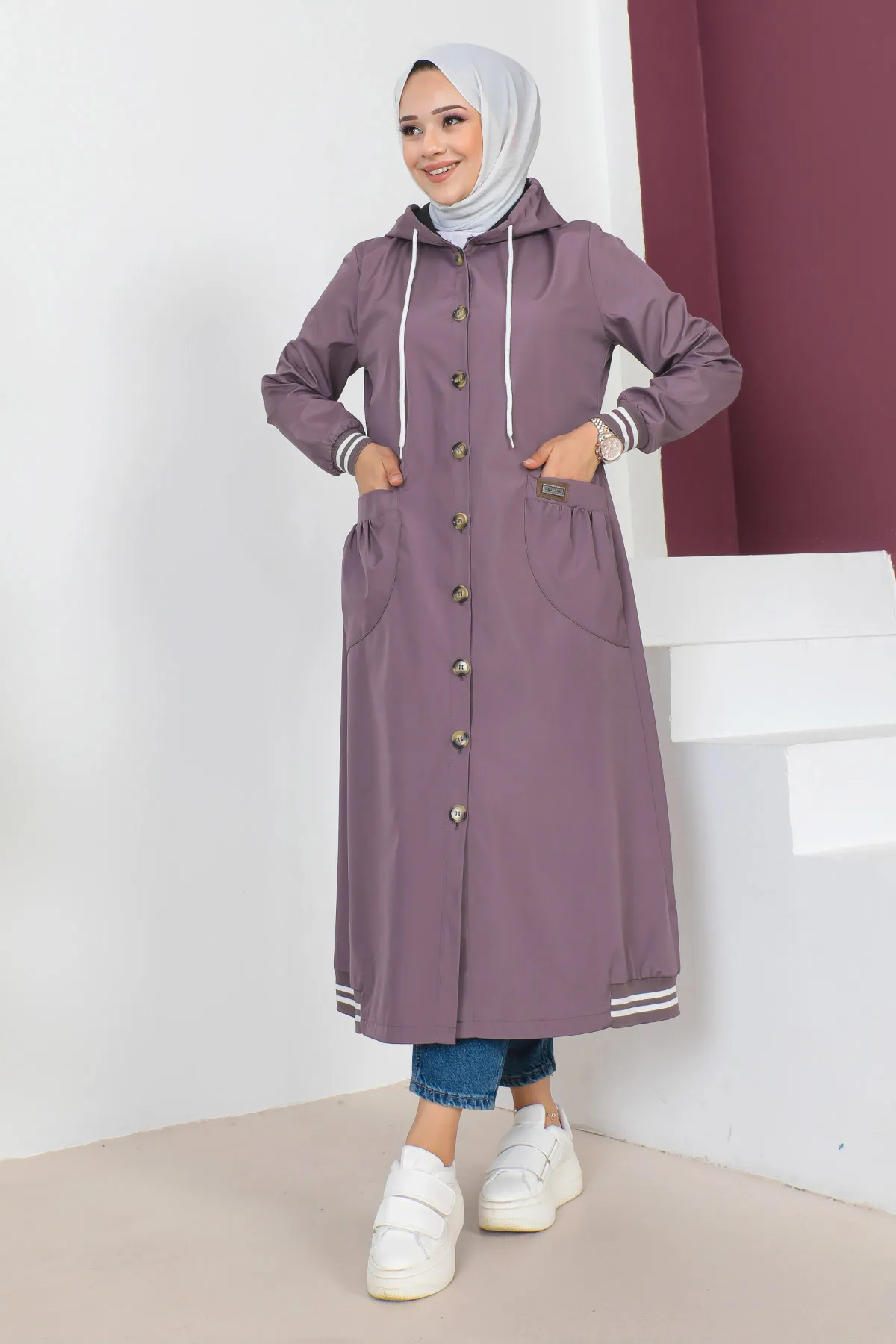 Tesettür Dünyası  Gerippter Trenchcoat TSD230638 Lila