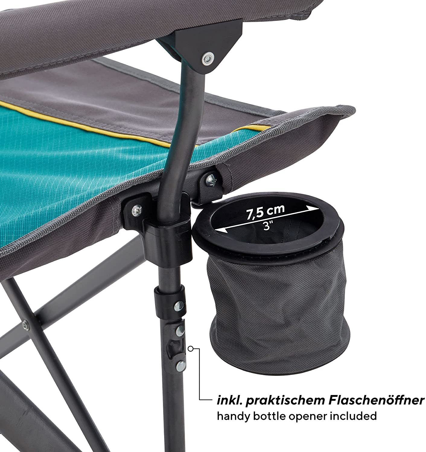 UQUIP Campingstuhl Roxy - Stabile Ausführung bis 120 kg - Blau, inkl. Flaschenhalter und Flaschenöffner
