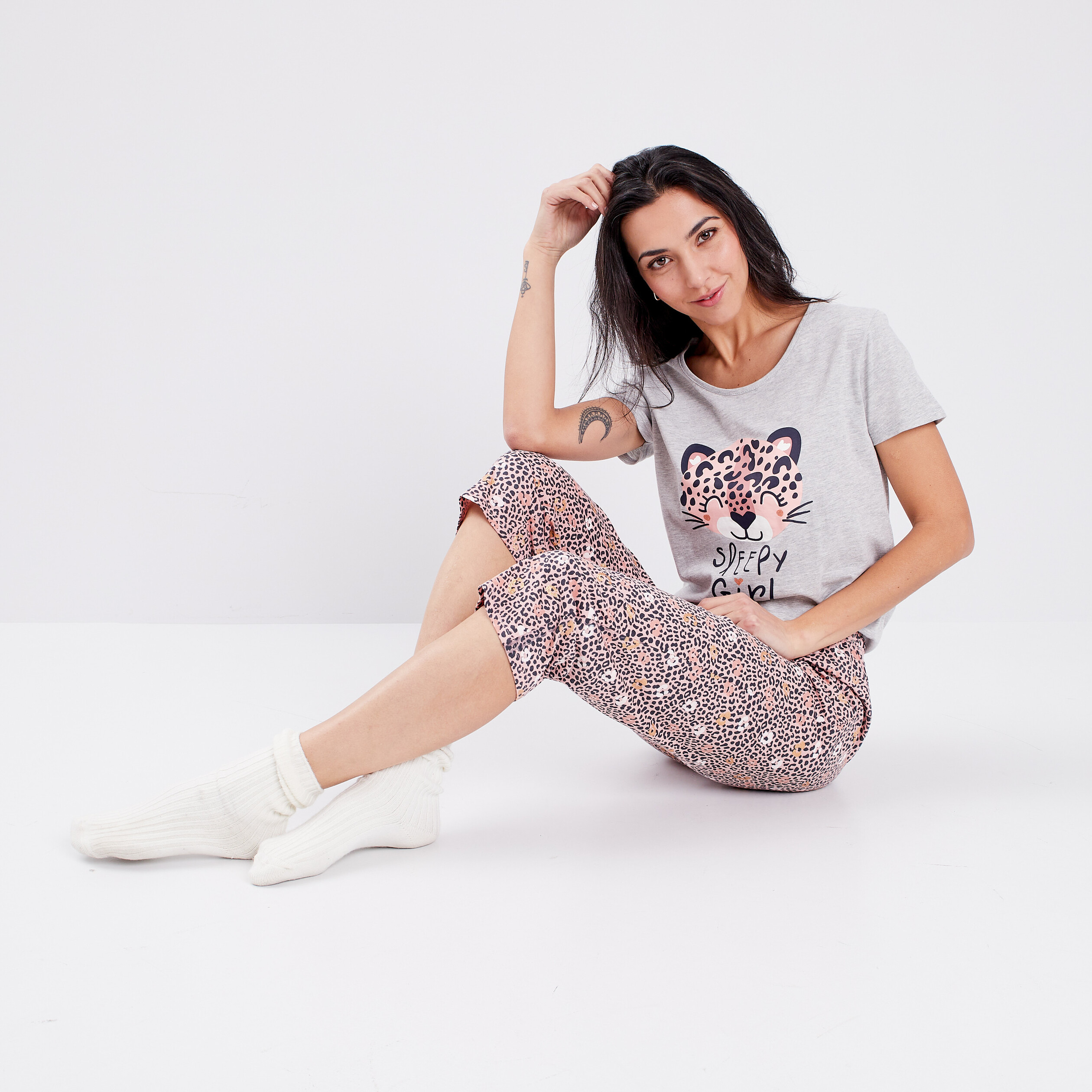 Ensemble pyjama mi long manches courtes gris clair femme | La Halle