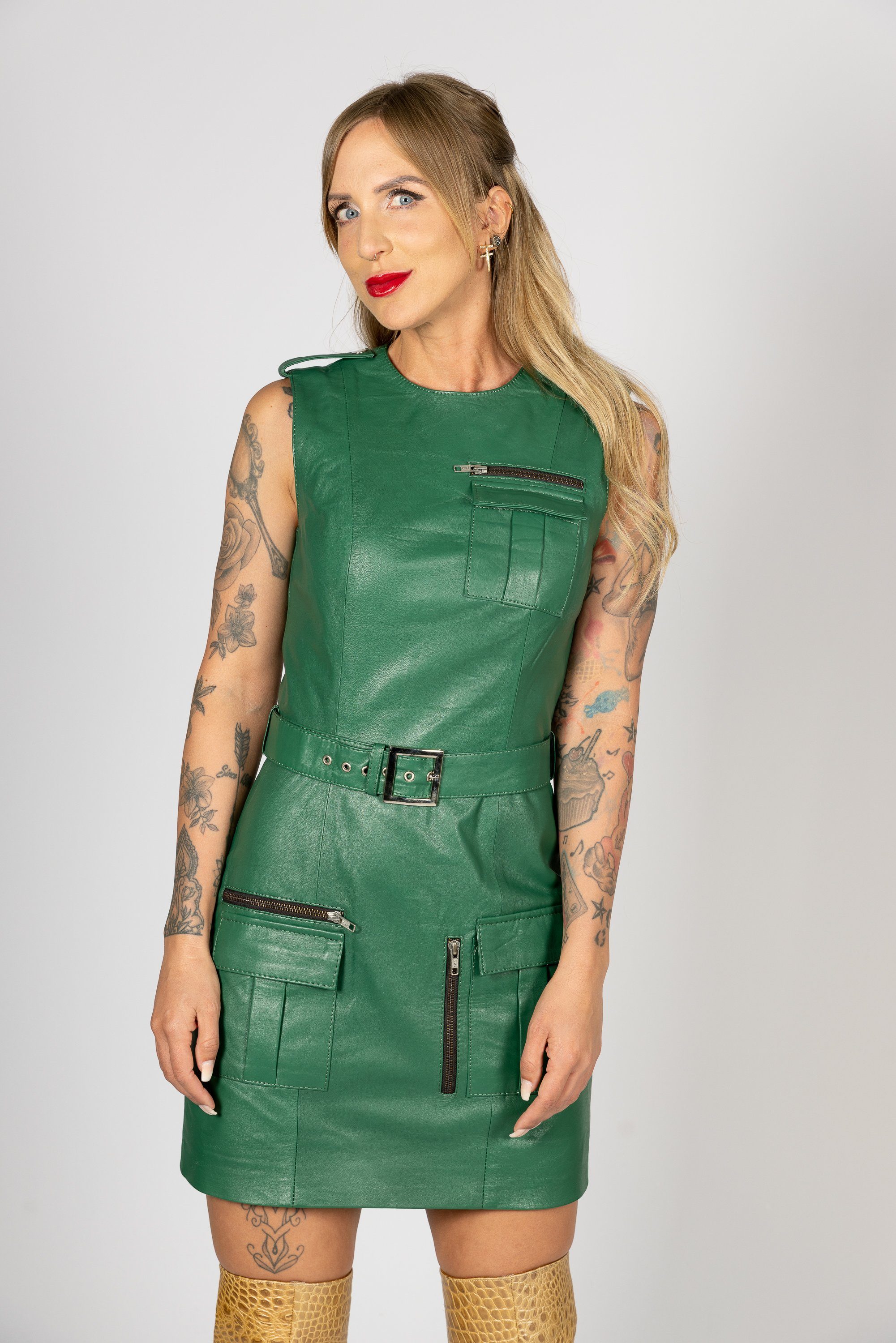 Be Noble Lederkleid Beverly Hills grün Sportliches grünes Lederkleid mit Cargotaschen aus Lammnappa