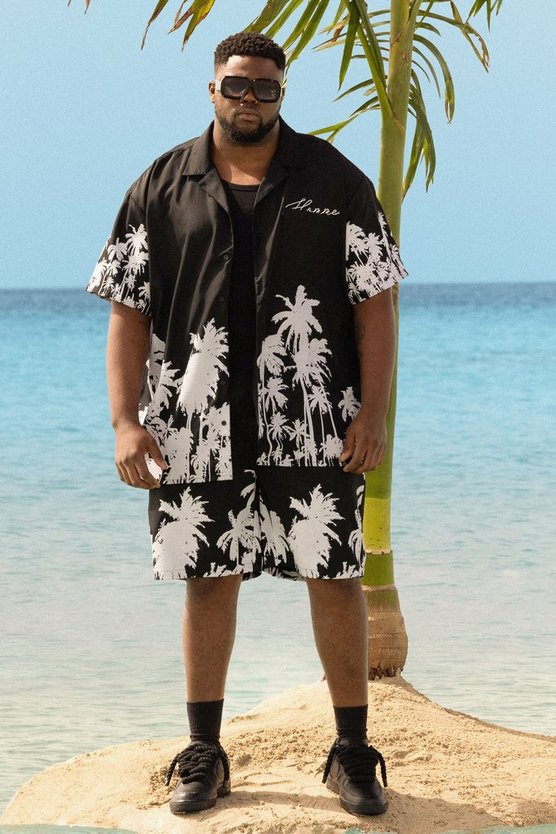 Plus kastiges Oversize Hemd mit Palmen-Saum & Shorts
