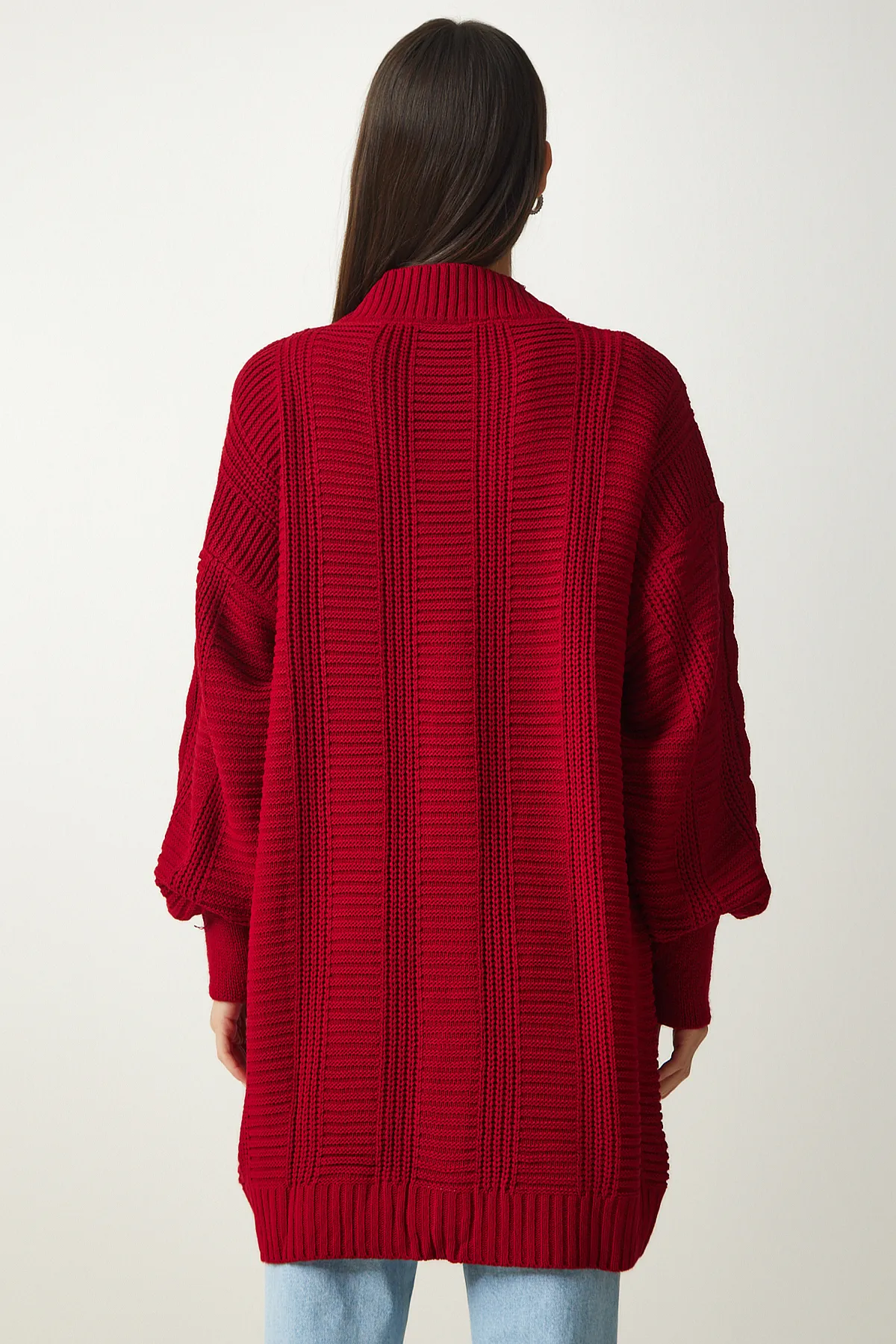 Happiness İstanbul  Roter Oversize-Strick-Cardigan mit Ballonärmeln für Damen DD01033