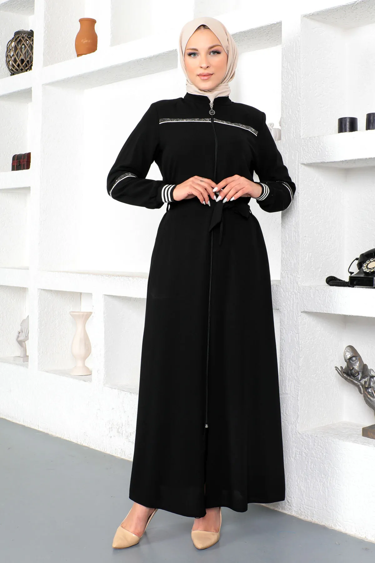 Tesettür Dünyası  Gerippter Hijab Abaya Tsd230328 Schwarz