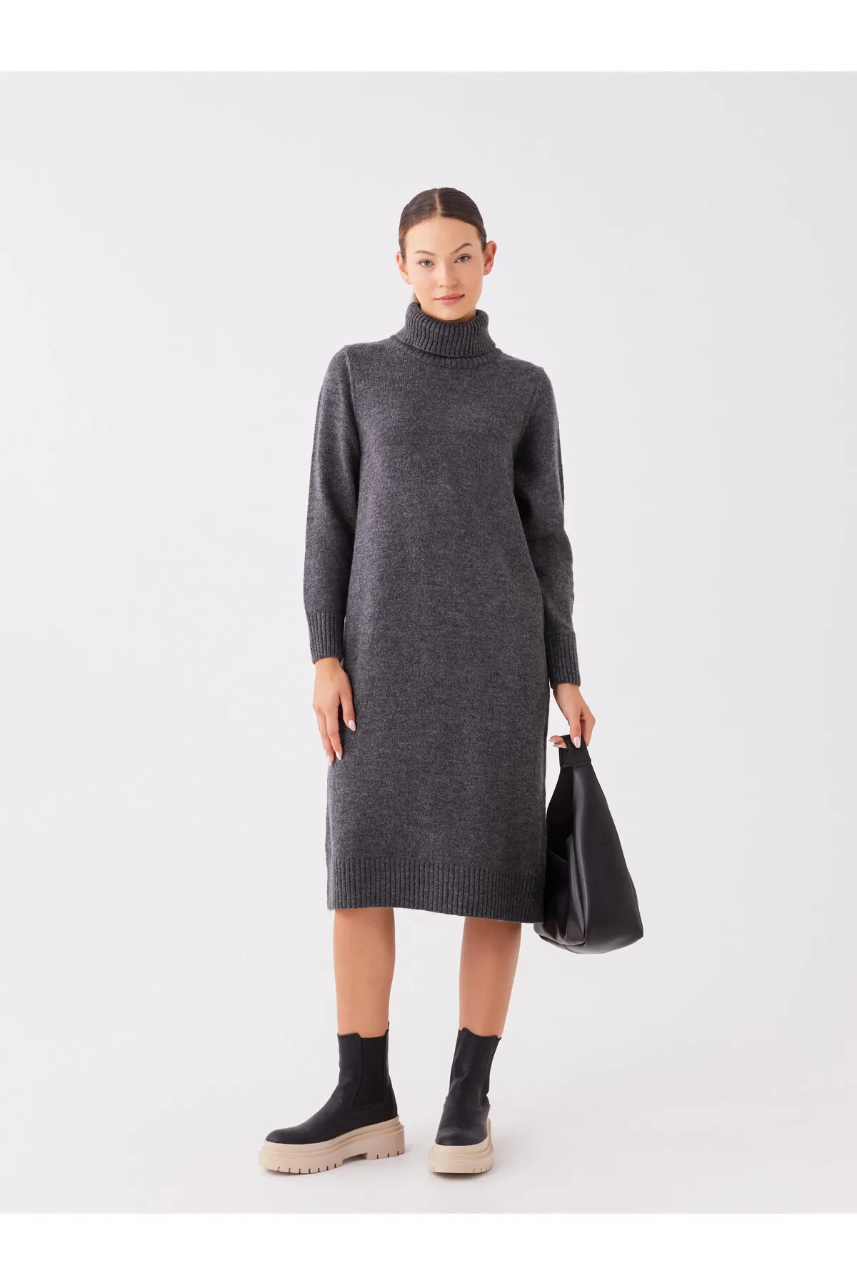 LC Waikiki  Rollkragenpullover, gerades Langarm-Strickkleid für Damen in Übergröße
