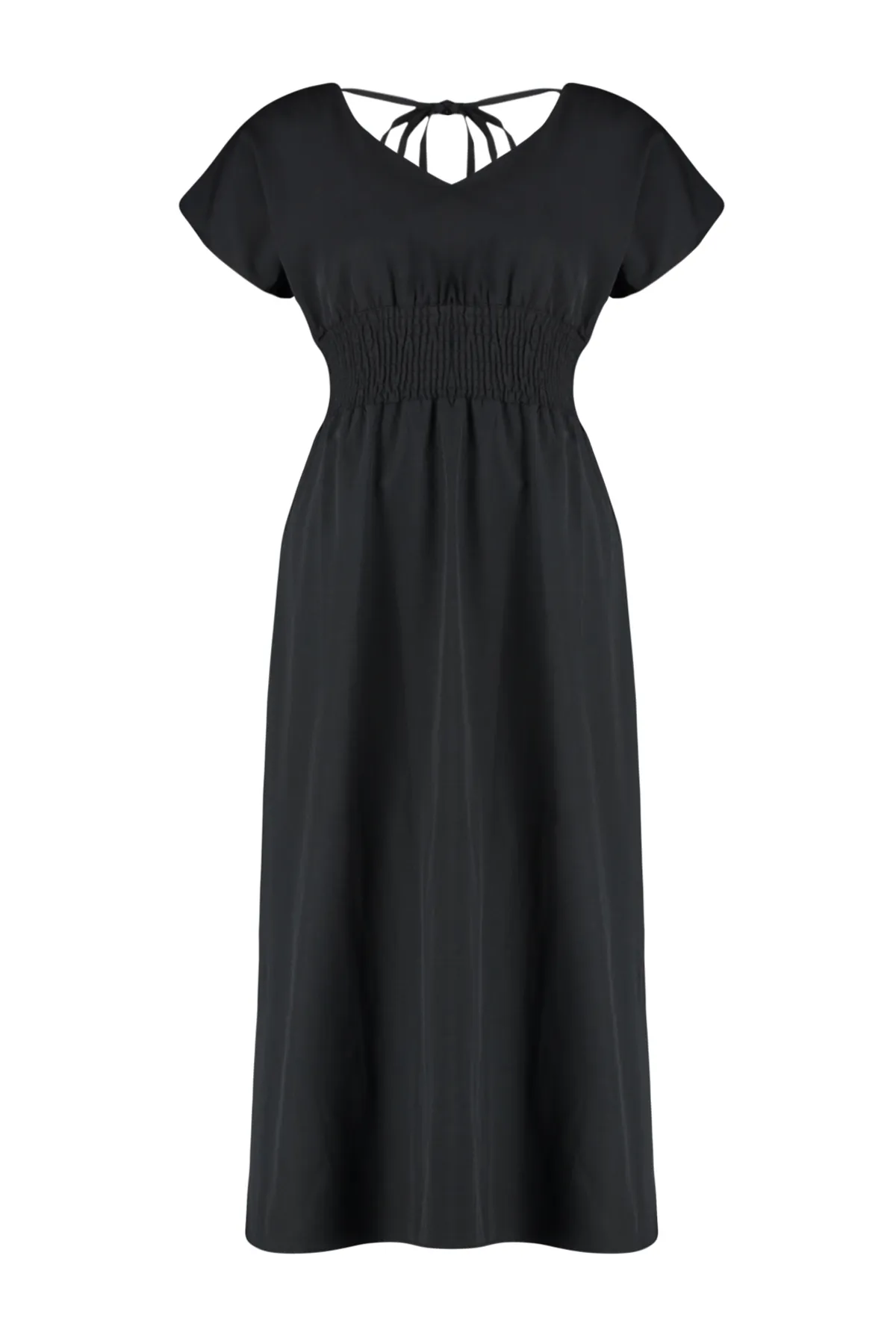 Trendyol Curve  Schwarzes gewebtes Kleid mit V-Ausschnitt und geraffter Taille TBBSS24AH00071
