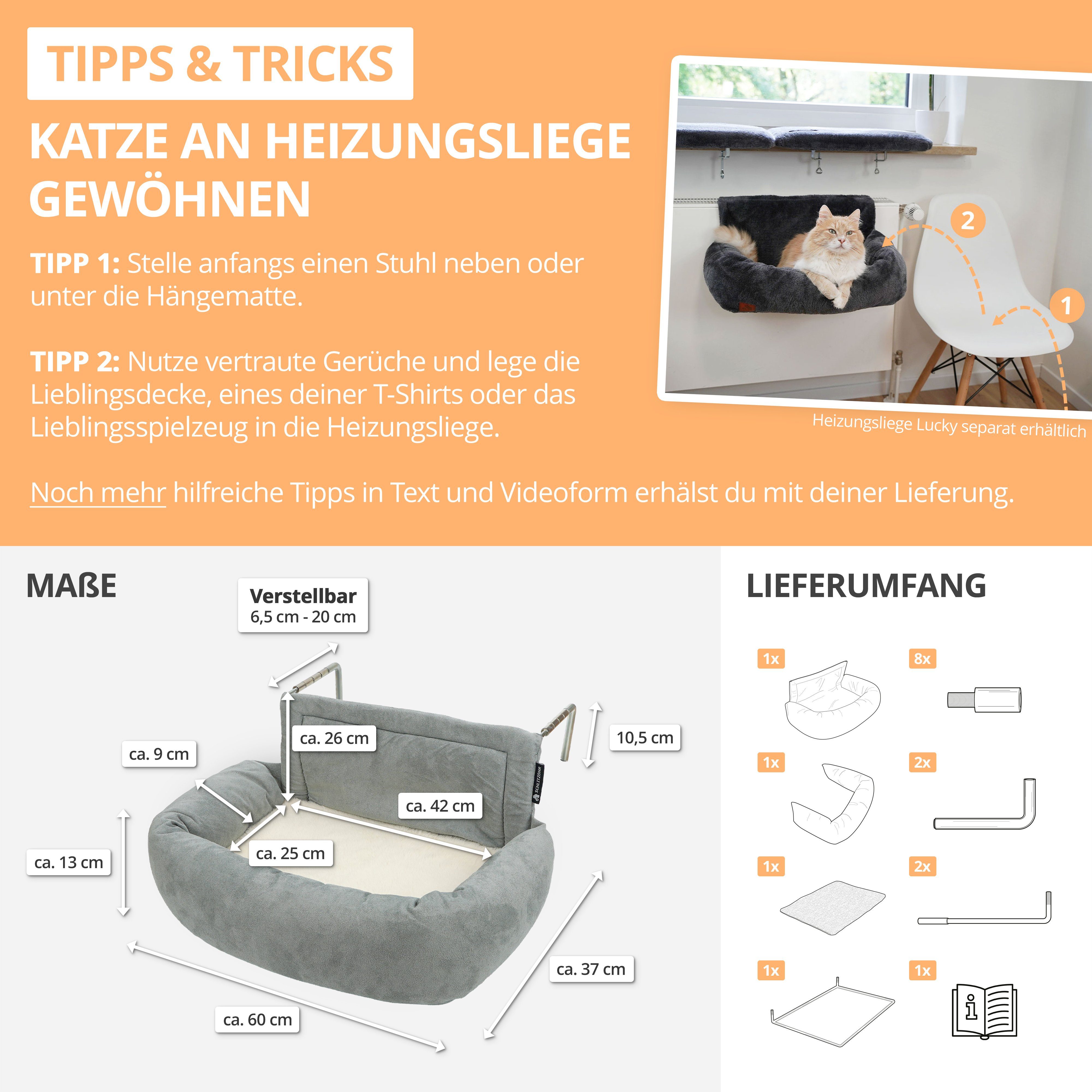 SCHLITZOHR Katzen-Hängematte Murphy, Mikrofaser, Heizungsliege, passt an ALLE Heizungen, stabil, waschbar, extra Kissen