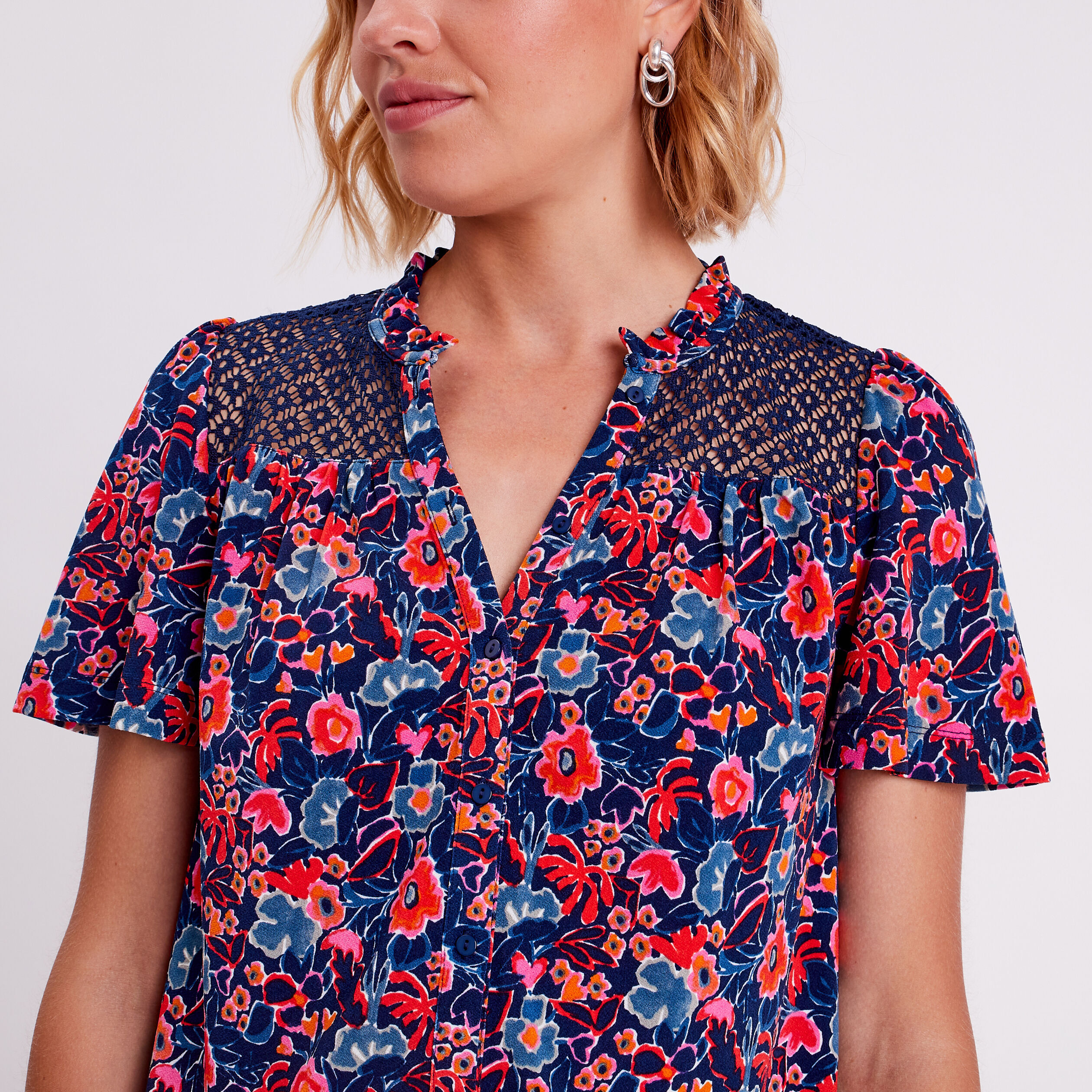 Blouse détails dentelle bleu marine femme | Cache Cache