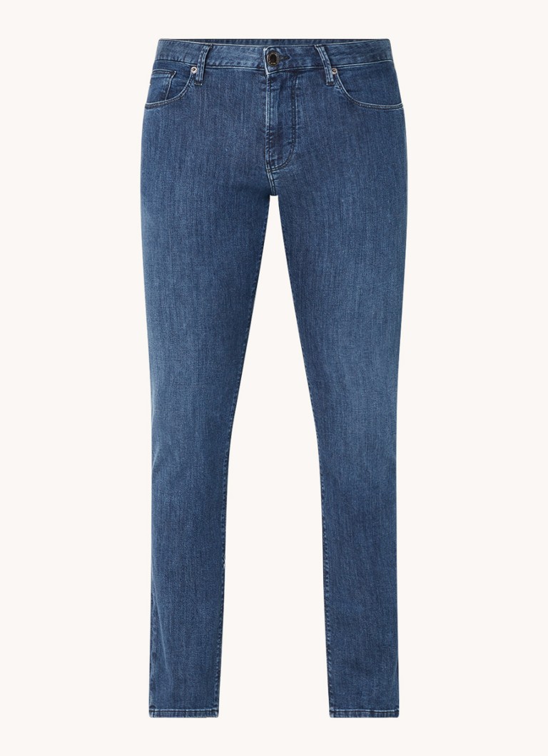 Jeansy o dopasowanym kroju marki Emporio Armani, w ciemnym kolorze, z elastycznego materiału.