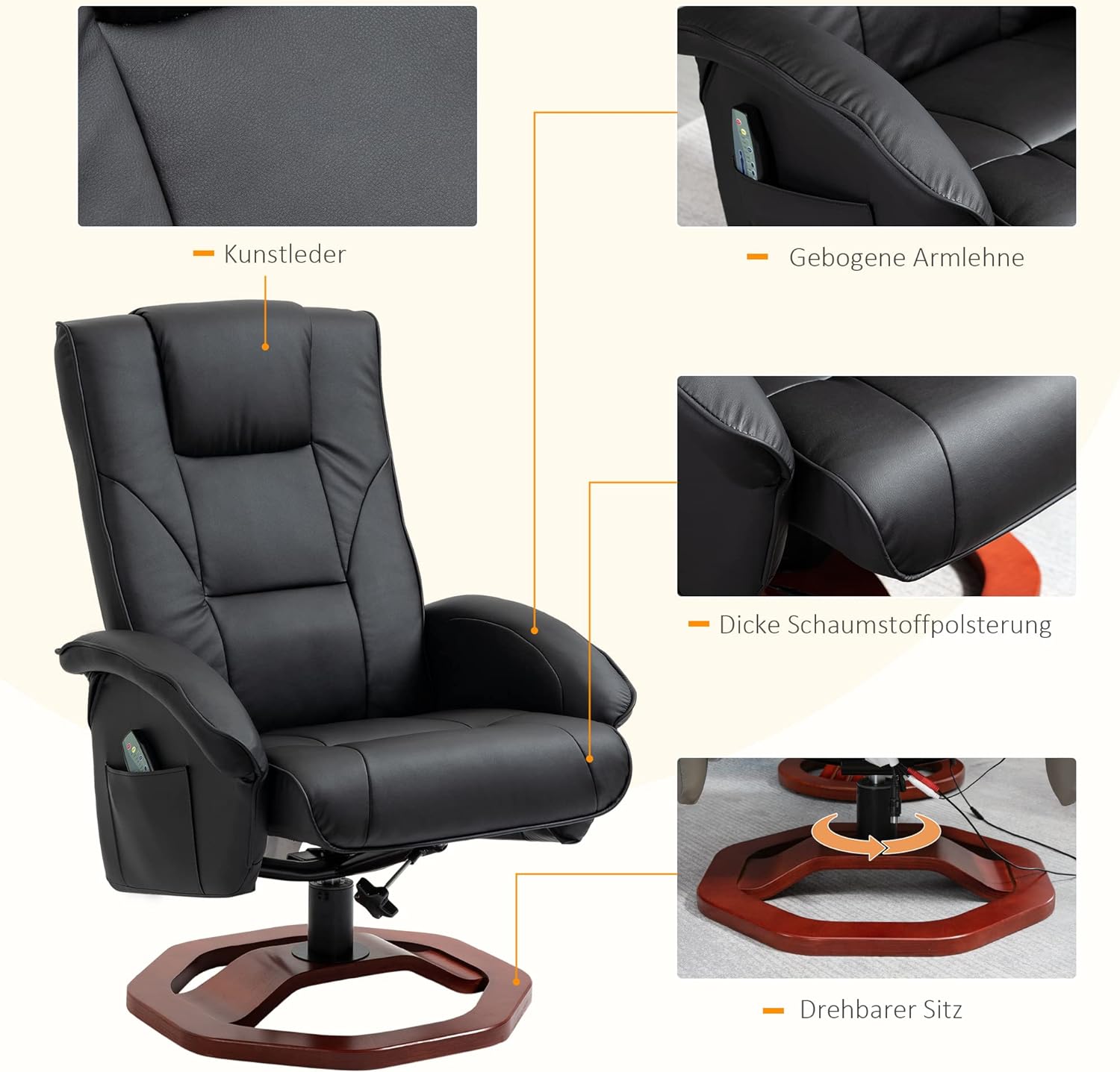 HOMCOM Sillón de masaje con reposapiés, función de descanso, función de descanso, sillón reclinable con función de masaje, giratorio 360°, piel sintética, acero negro+marrón, 73 x 83 x 106 cm