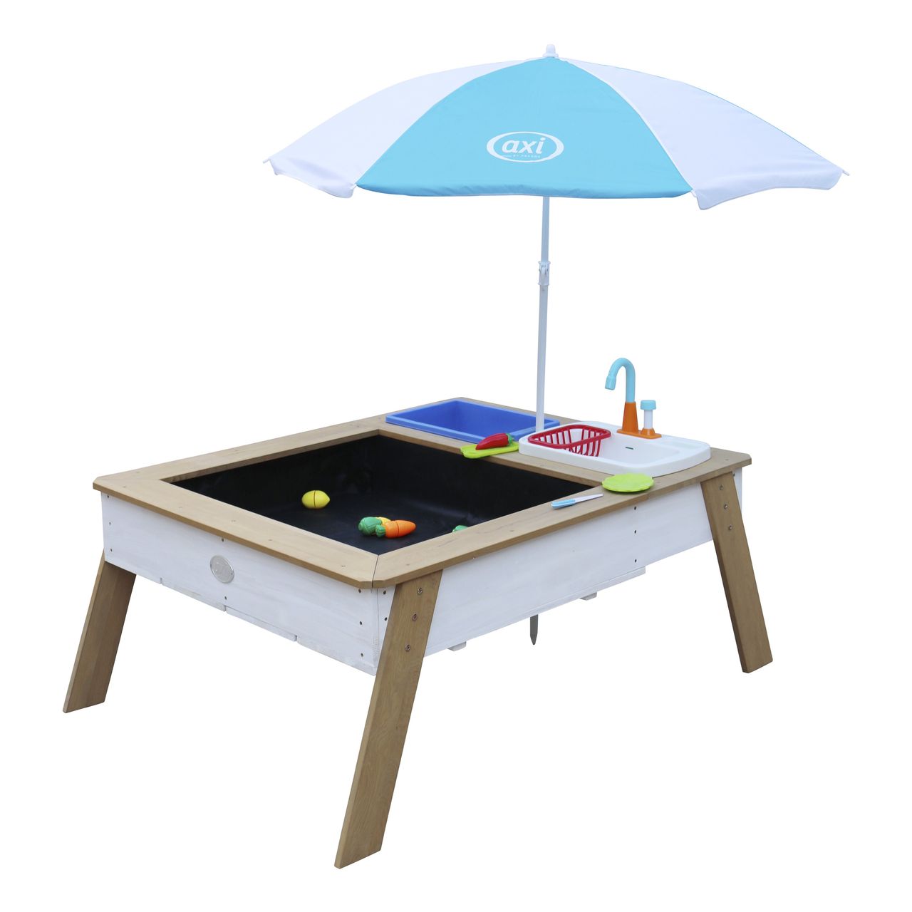 AXI Linda Sand & Wassertisch mit Spielküchenspüle Braun/weiß - Sonnenschirm Blau/weiß