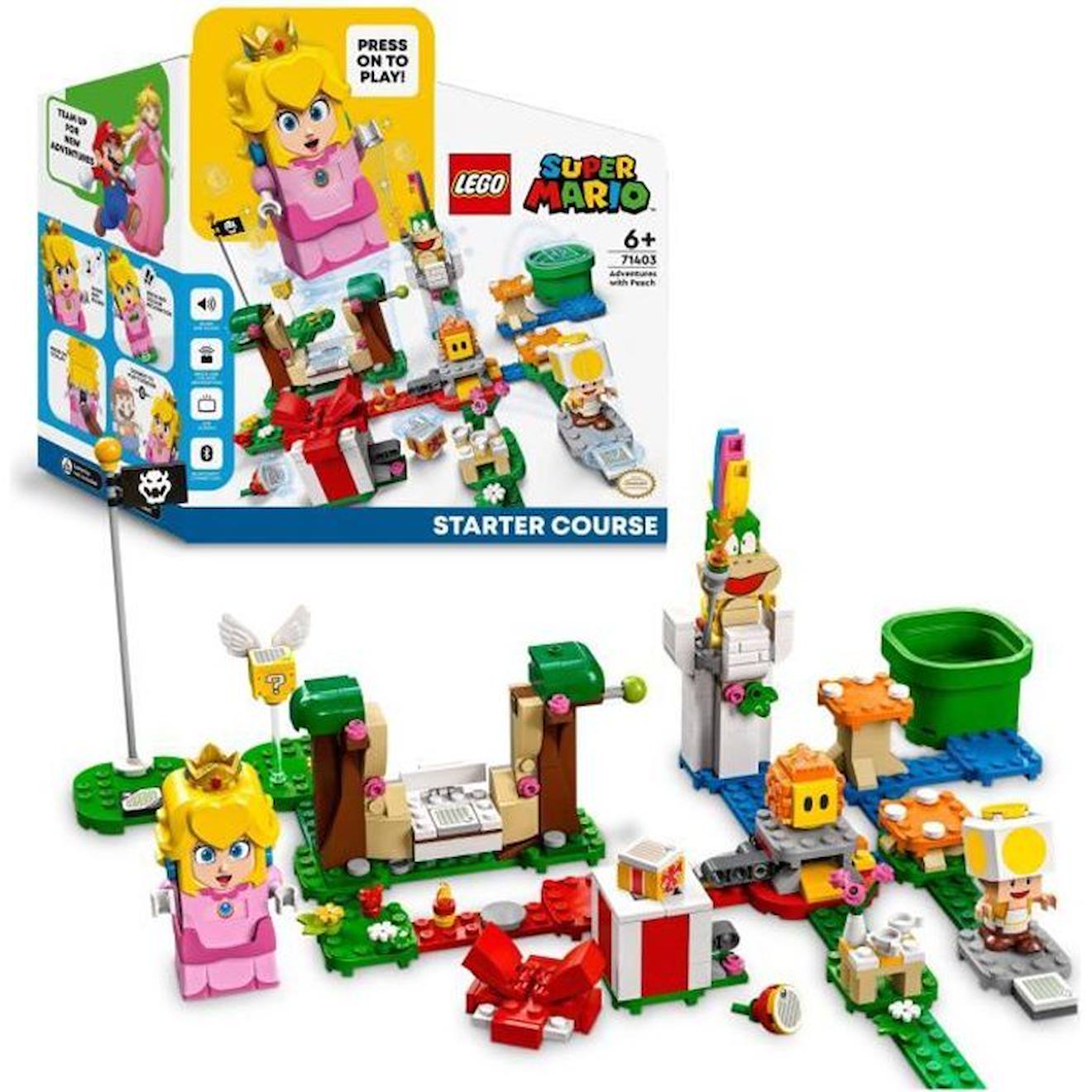 LEGO 71403 Super Mario Pack de Démarrage Les Aventures de Peach, Jouet Lemmy, Figurine Interactive Toad, pour Enfants 6 Ans jaune