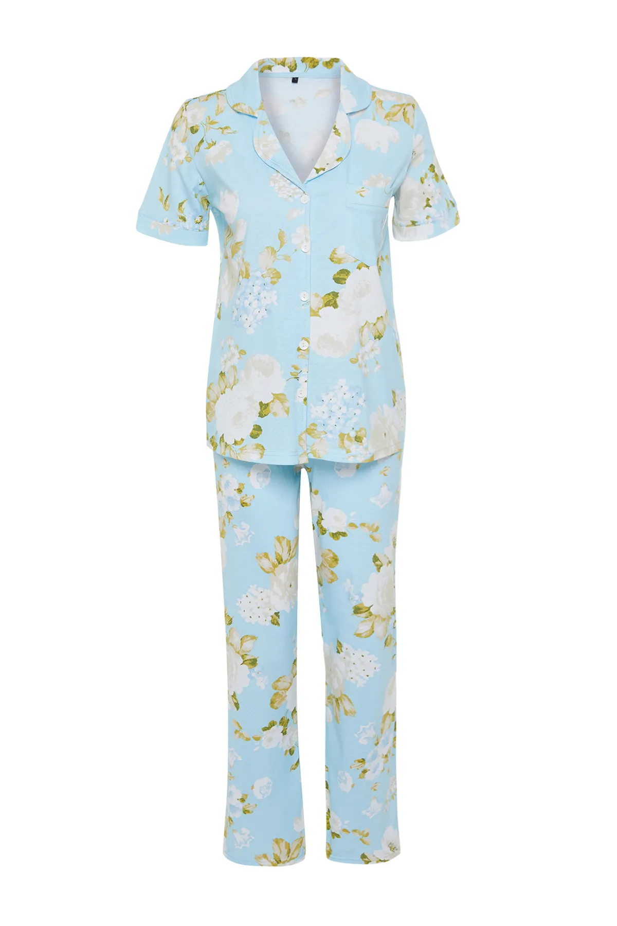 Trendyol Collection  Blaues, gestricktes Pyjama-Set aus Hemd und Hose aus 100 % Baumwolle mit Blumenmuster THMSS20PT0062