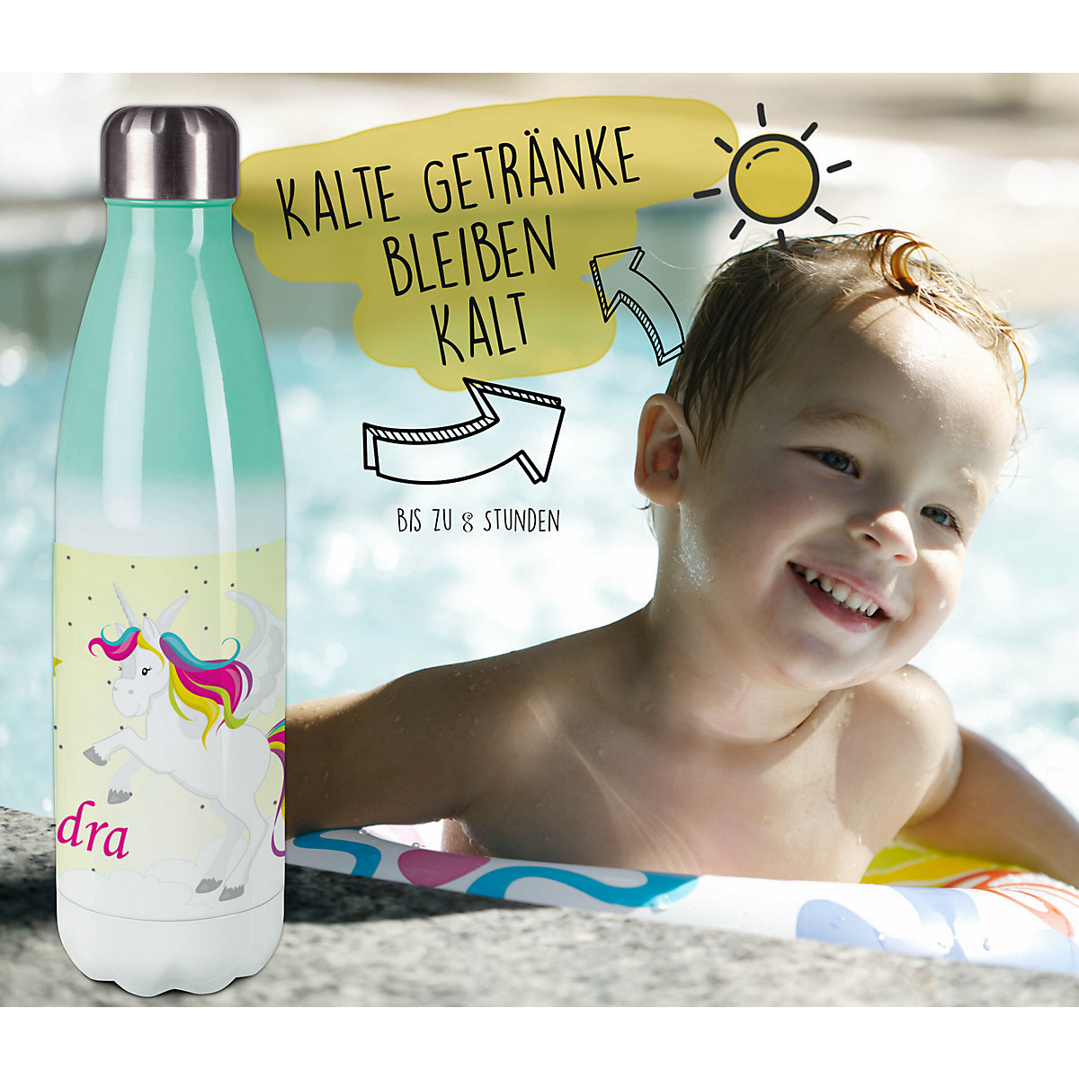 Edelstahl Kinder Thermoflasche / Trinkflasche bunt Pegasus Farbe gelb Spülmaschinenfest, Auslaufsicher, Bruchfest, Doppelwandig, Für Heißgetränke geeignet, Mit Deckel, Isoliert