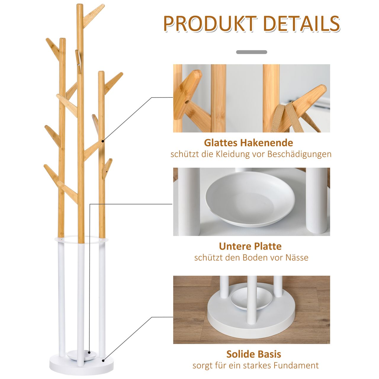 HOMCOM Garderobenständer Standgarderobe Kleiderständer mit 12 Haken moderner Schirmständer für den Flur Wohnzimmer Metall Bambus Natur Weiß 30,5 x 30,5 x 174,5 cm