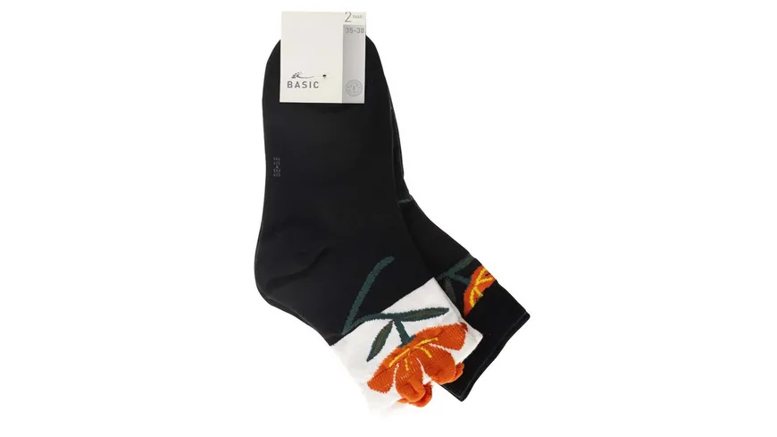 Damen Kurzsocken Blumen 2er Pack schwarz/weiß