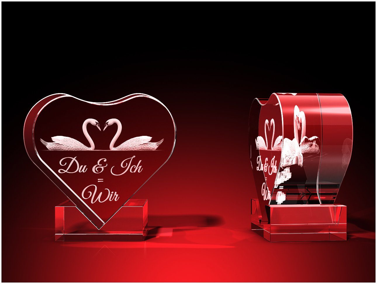 GLASFOTO.COM Dekofigur Herz mit Halterung zum Hinstellen 'DU+ICH=WIR' mit Schwänen, ein einzigartiges Geschenk aus Liebe