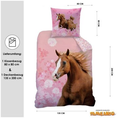 Kinderbettwäsche Pferde Bettwäsche Set 135x200 + 80x80cm aus 100% Baumwolle, Familando, Renforcé, 2 teilig, mit geblümter Wendeseite in zarten Rosa Tönen