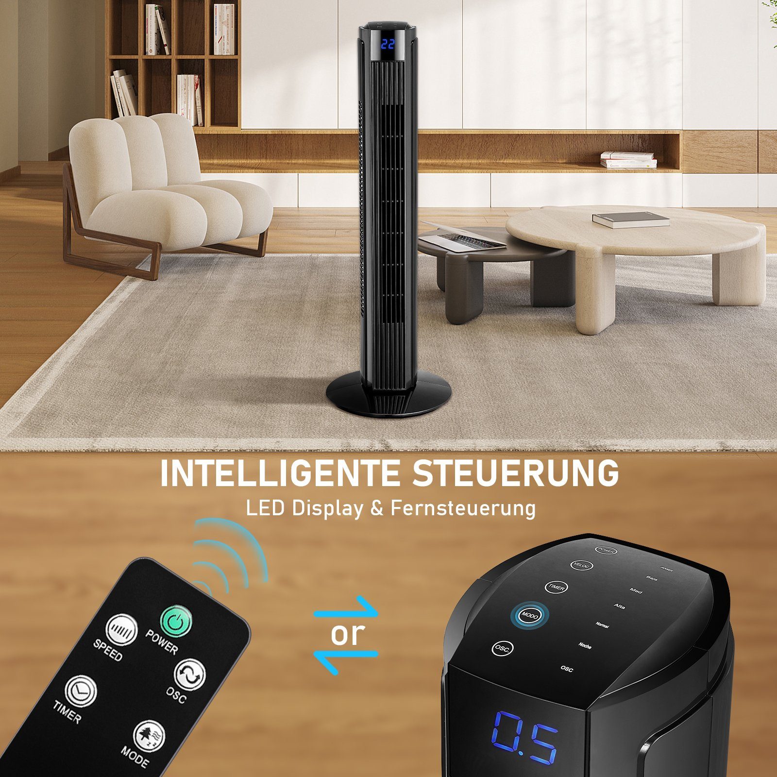 Nettlife Turmventilator Leise 90° Oszillation mit Fernbedienung Standventilatoren Timer, ‎Timer, LED-Licht, Ferngesteuert, Oszillierend