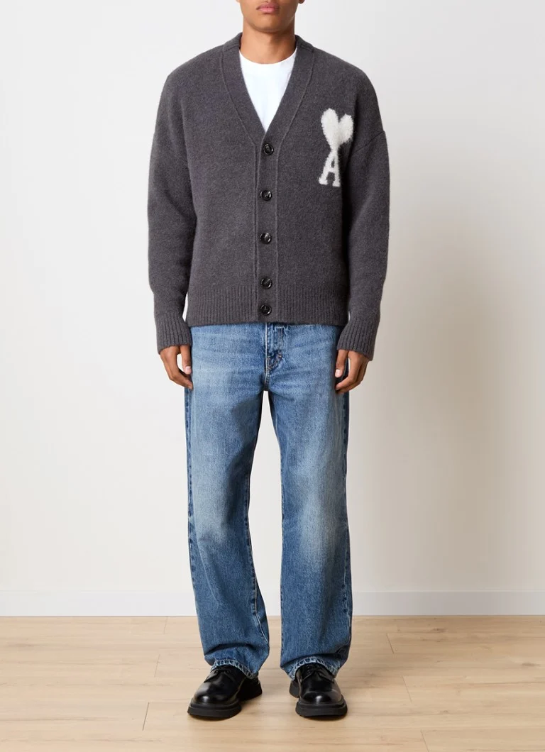 AMI Paris Fine-knit cardigan in alpaca wool blend with knitted-in logo