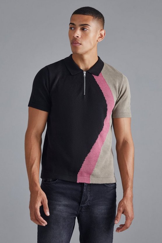 Jacquard Strick-Poloshirt mit halbem Reißverschluss