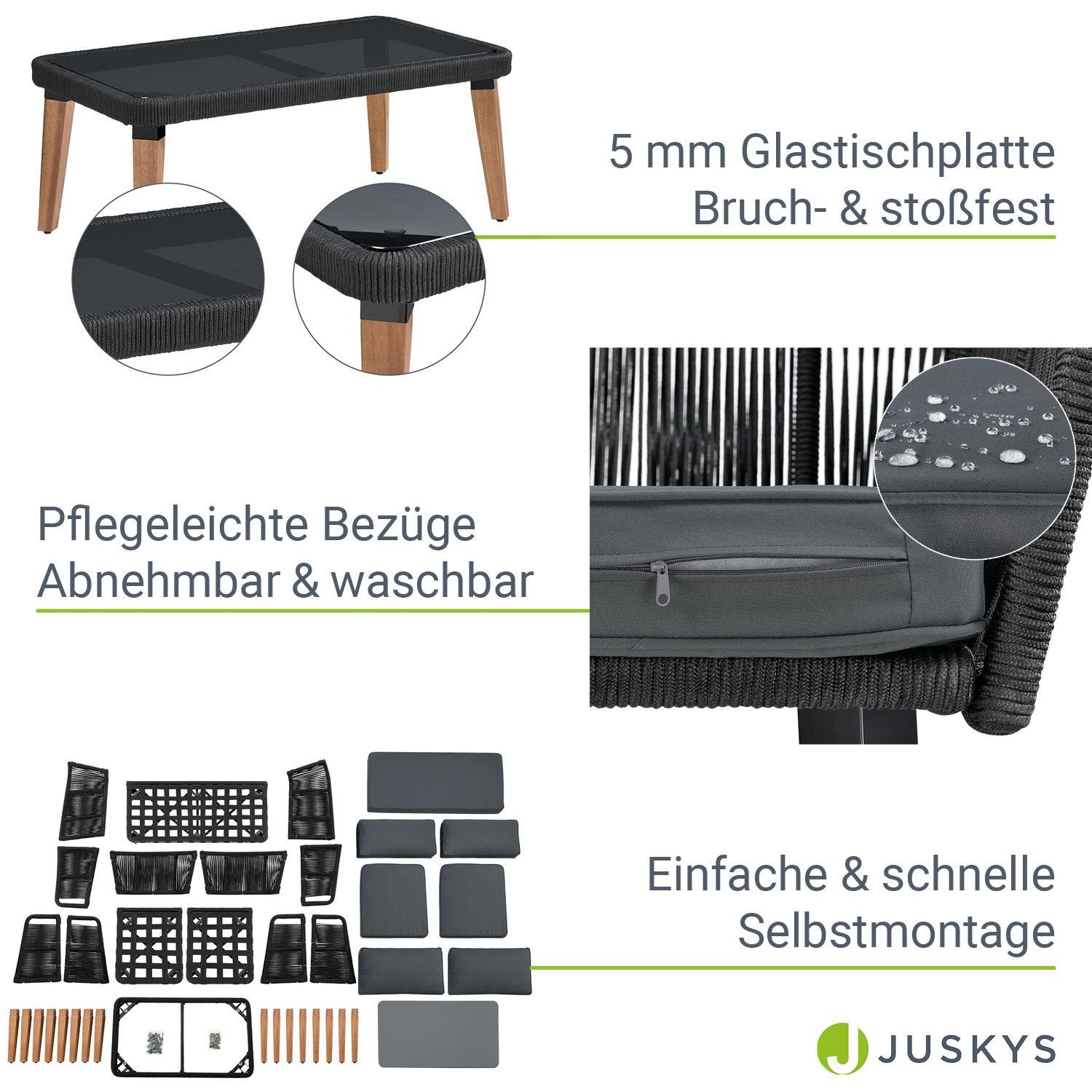Juskys Gartenlounge-Set Neapel, (4-tlg), Seilgeflecht Sofa mit Tisch, 2 Sessel und Polster, für 4 Personen