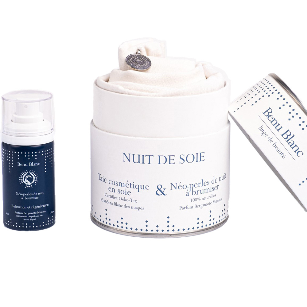 benu blanc Nuit de Soie, le rituel beauté et bien-être de la nuit Taie d'oreiller 100% pure soie et brumede soins  naturelle