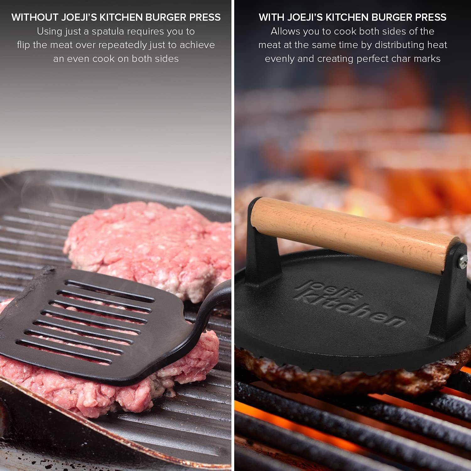 JOEJI’S KITCHEN Burgerpresse Antihaft Gusseisen für perfekte Hamburgerpresse Cool-Touch-Holzgriff, Eisen