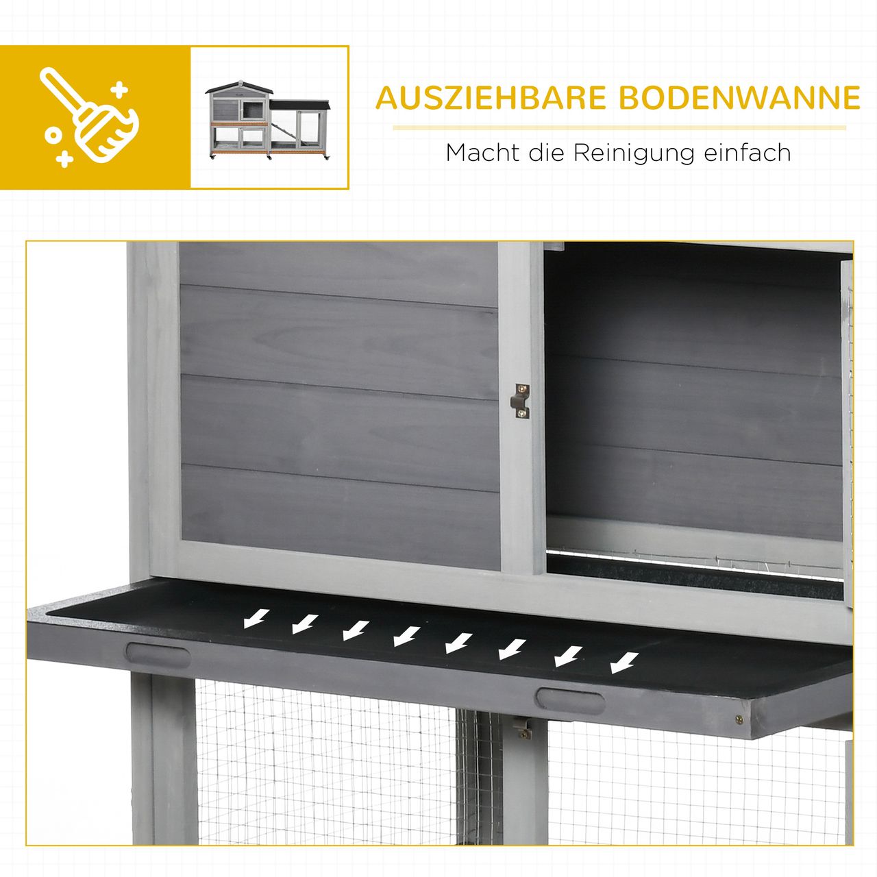 PawHut Zwergkaninchenstall mit Rollen Freilaufgehege Asphaltdach Kleintierhaus Zwergkaninchenauslauf für 3 Zwergkaninchen Doppelstöckiger Tanne Stahl Grau 157,4 x 53 x 99,5 cm