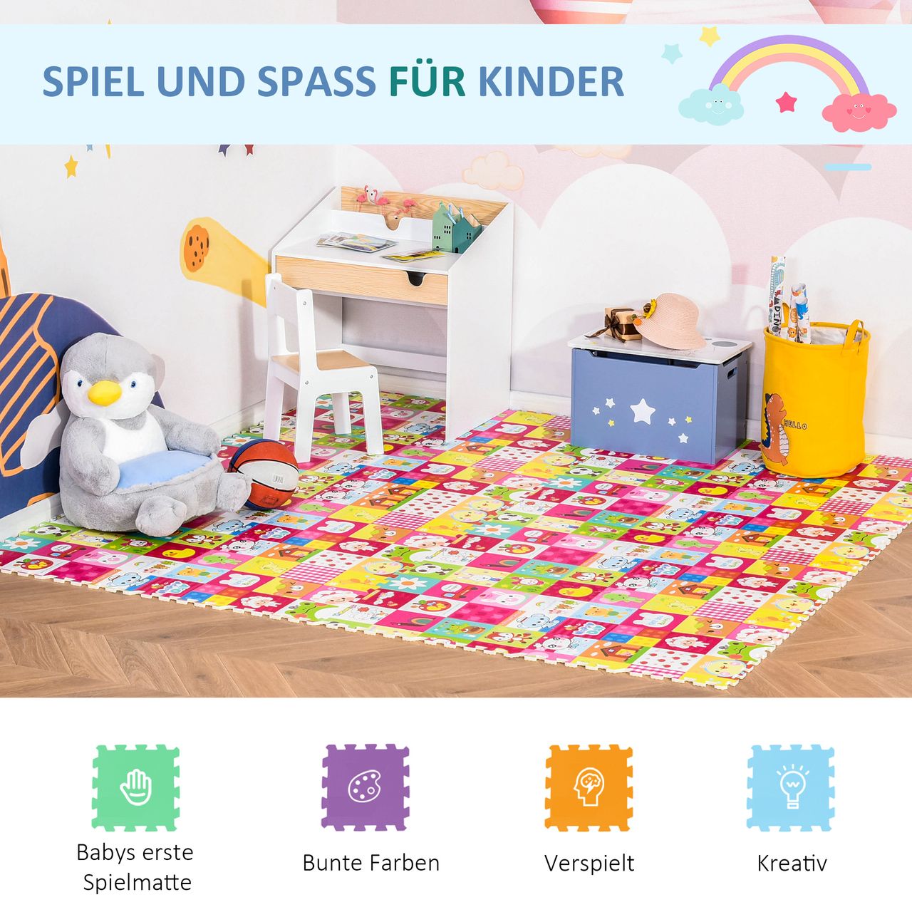 HOMCOM Puzzlematte für Babys Kinder Spielmatte spiel erziehung klappbar EVA foam Tiere Muster 61,5 x 61,5 cm