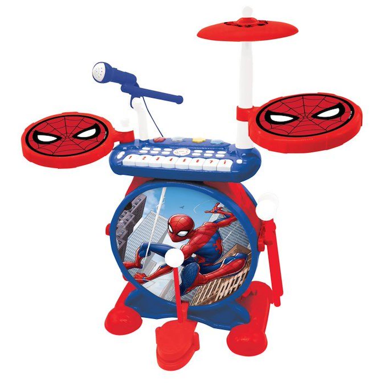 Batterie Electronique SpiderMan Lumineuse Complète avec clavier, cymbales et tabouret Spider-Man rouge
