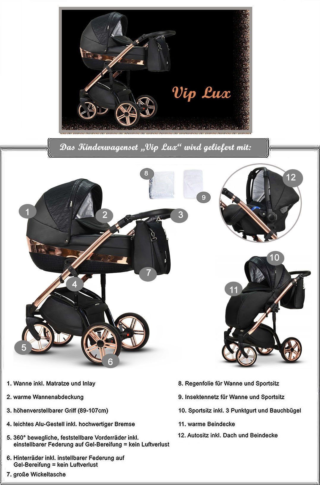 babies-on-wheels Kombi-Kinderwagen 3 in 1 Kinderwagen-Set Vip Lux - 12 Teile - in 16 Farben
