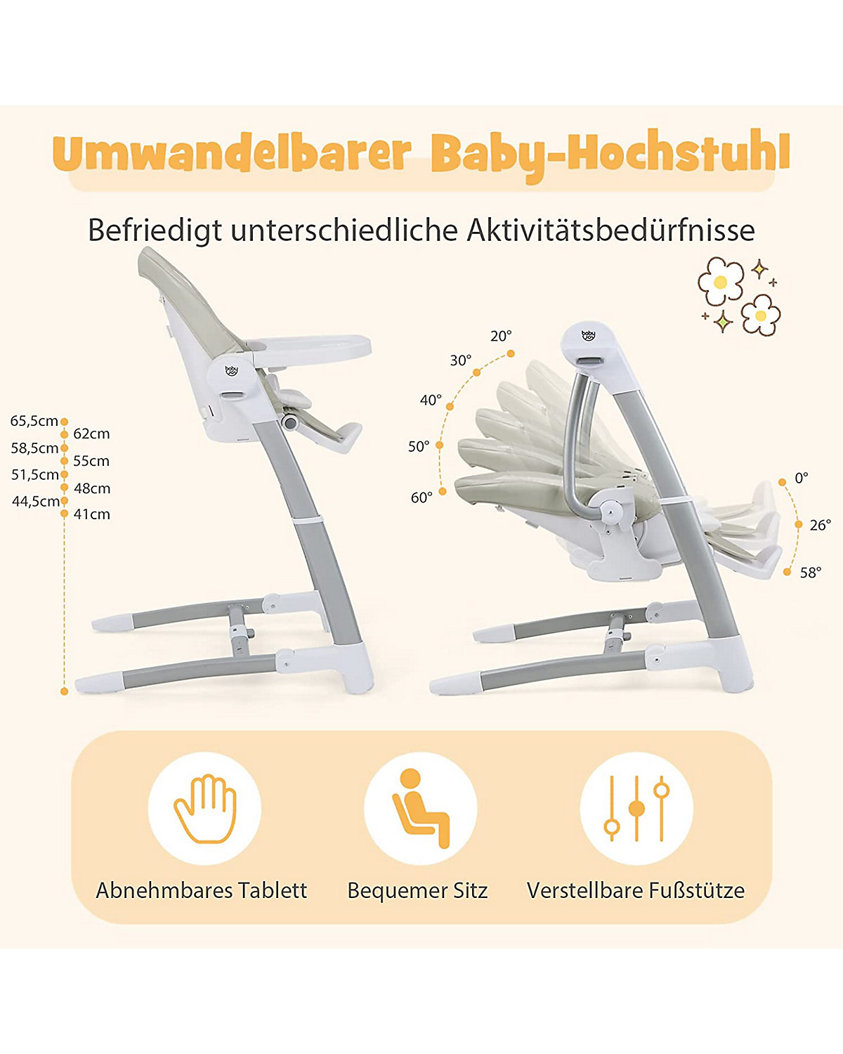 3 in 1 Babywippe elektrisch Hochstuhl mit Timer Musik Rädern