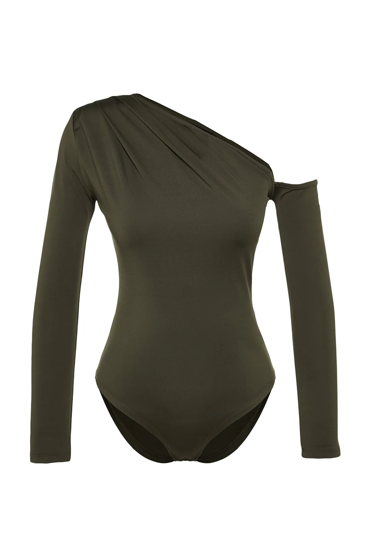 Trendyol Collection  Khakifarbener Strickbody mit asymmetrischem Kragen und langen Ärmeln und Druckknopfverschluss TWOAW22BD0080