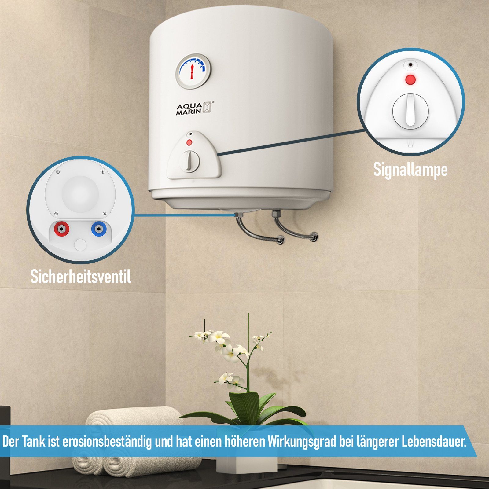 Aquamarin Wandspeicher Elektro Warmwasserspeicher - 30,50,80,100 Liter, 1500W Heizleistung