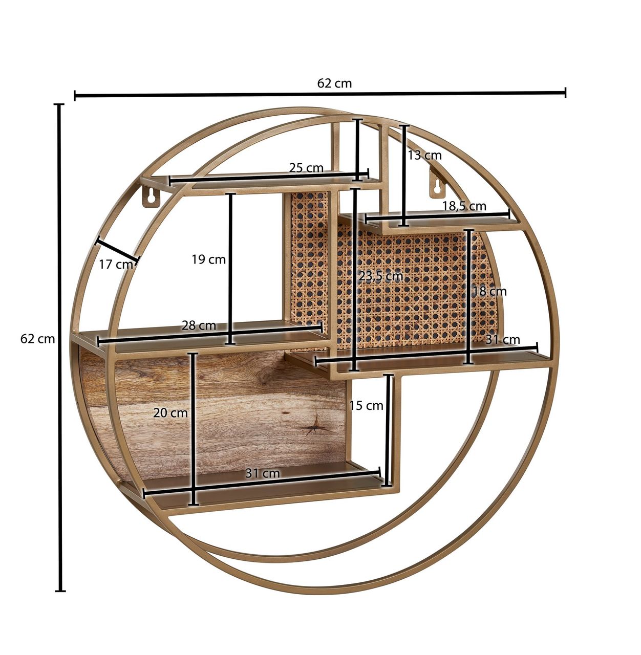 Wohnling Wandregal 62x62x17 cm Rattan Massivholz Metall