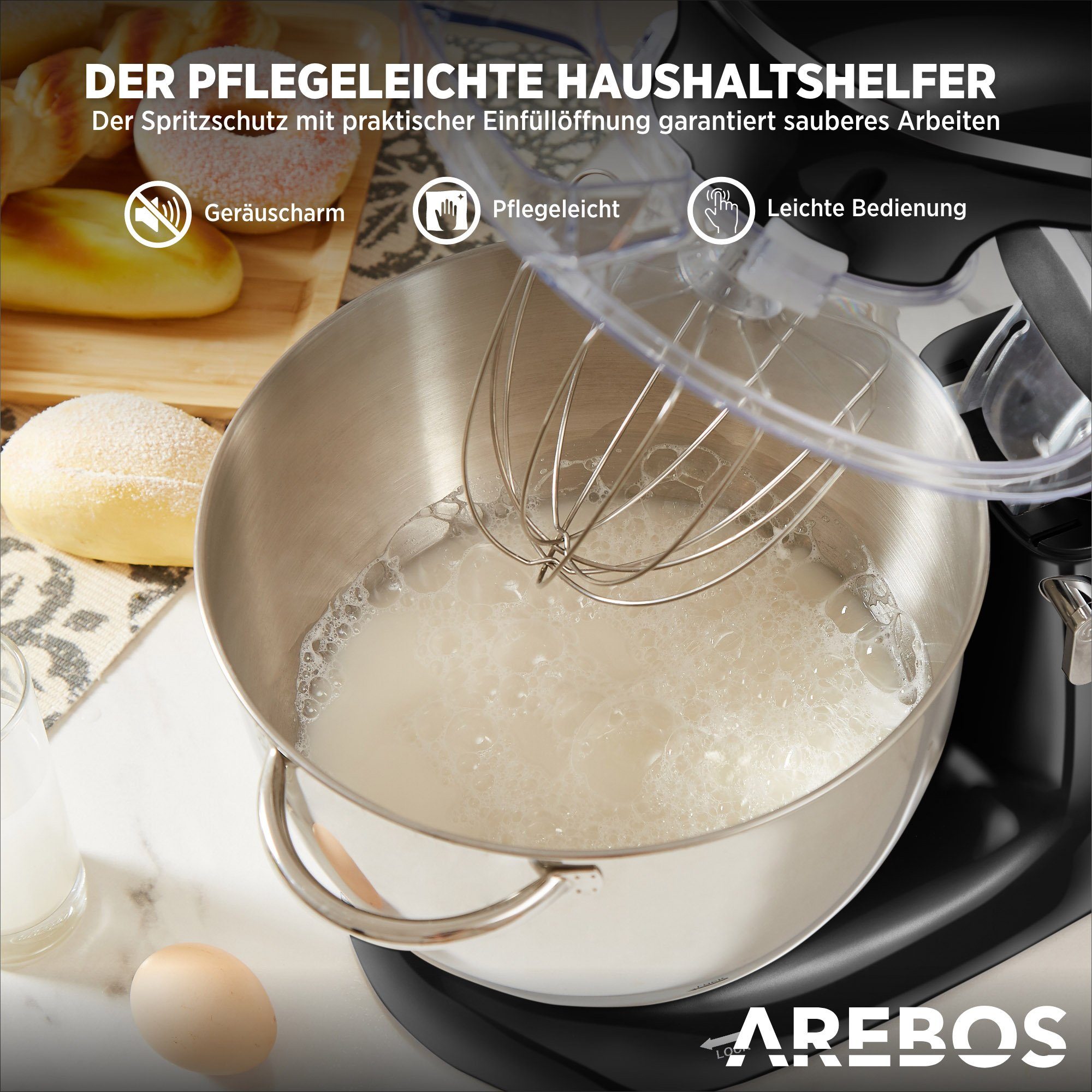 Arebos Küchenmaschine Edelstahl-Rührschüssel, 6 Geschwindigkeiten, 1500 W, 8,00 l Schüssel