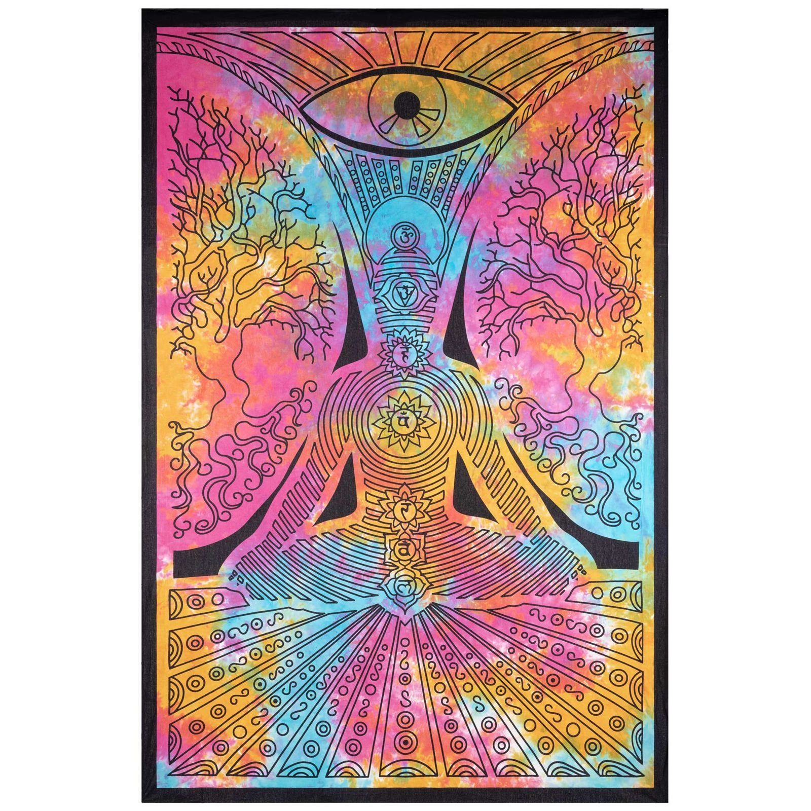 Wandteppich Tagesdecke Wandbehang Bunt Tuch Buddha Chackra Meditation 200x135cm, KUNST UND MAGIE