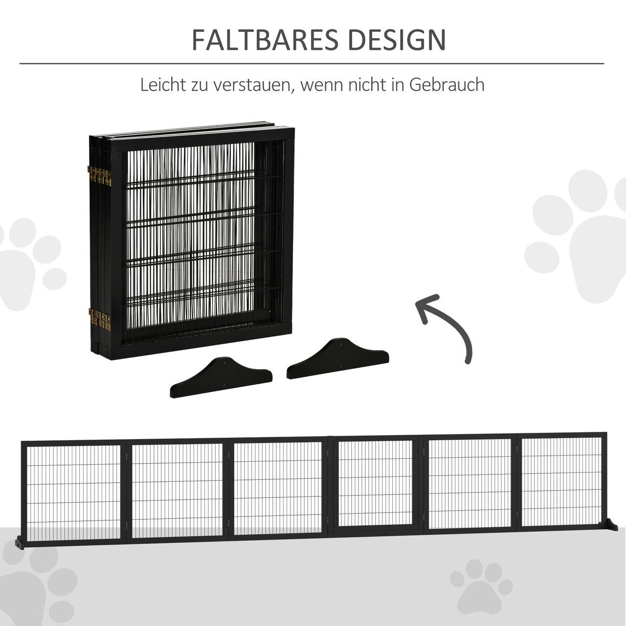 PawHut Türschutzgitter Absperrgitter für Hunde Schutzgitter Hundegitter Sicherheitstür Bidirektionales Falten Kiefernholz Metall Schwarz 432 x 36 x 70 cm