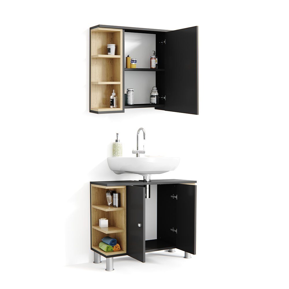 Vicco Badmöbel-Set Badezimmerset AQUIS Sonoma / Anthrazit Set 1, (2-er Set, 2-St., 2-er Set)