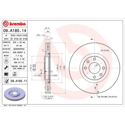 09.A185.11 BREMSSCHEIBE BREMBO VA  VP2 - ATU