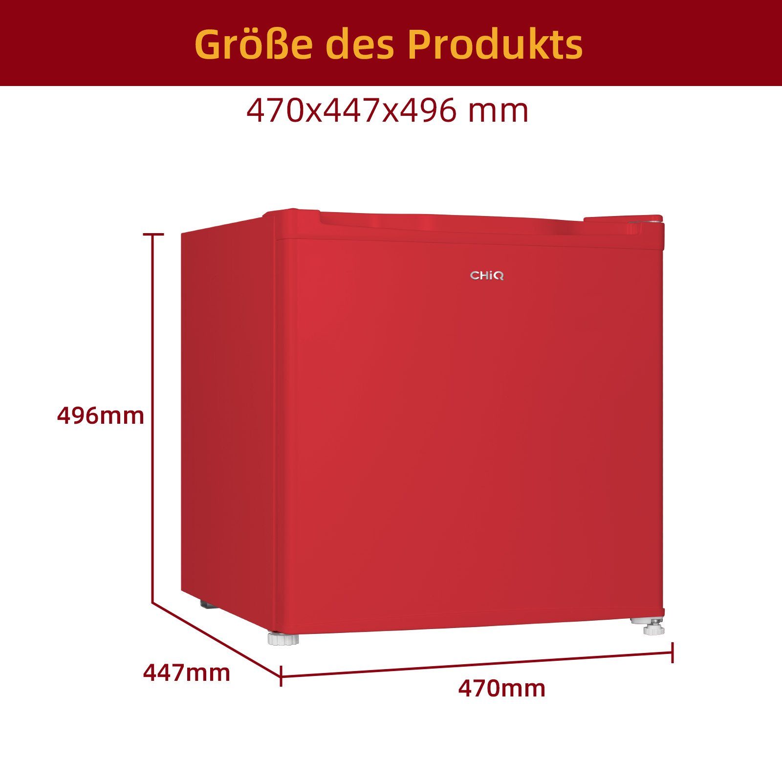CHiQ Table Top Kühlschrank CSD46D4RE, 50 cm hoch, 47 cm breit, Mini Kühlschrank, 39dB,12 Jahre Garantie auf den Kompressor