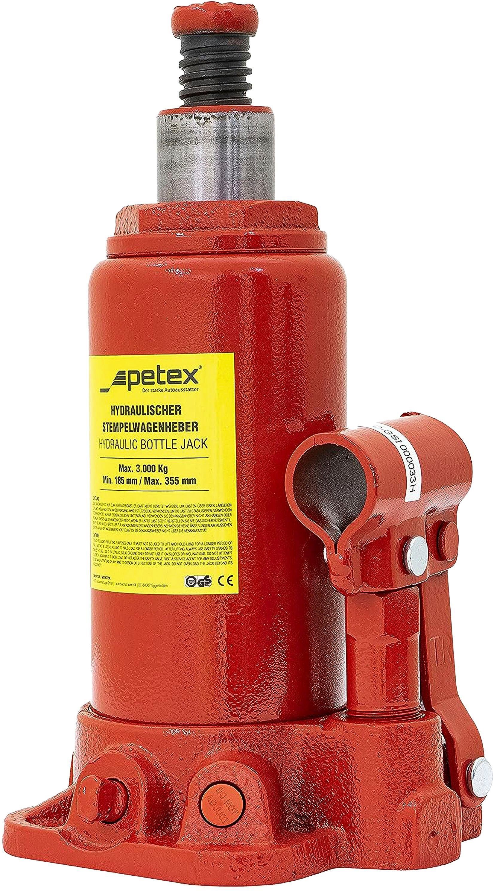 Petex Wagenheber Stempelwagenheber inkl. Hebel, hydraulisch nach EN 1494:2000, max. Hubhöhe: 9,8 cm, Tragkraft: 3 Tonnen, verstellbare Höhe: 60 mm, Hubhöhe: 98 mm, rot