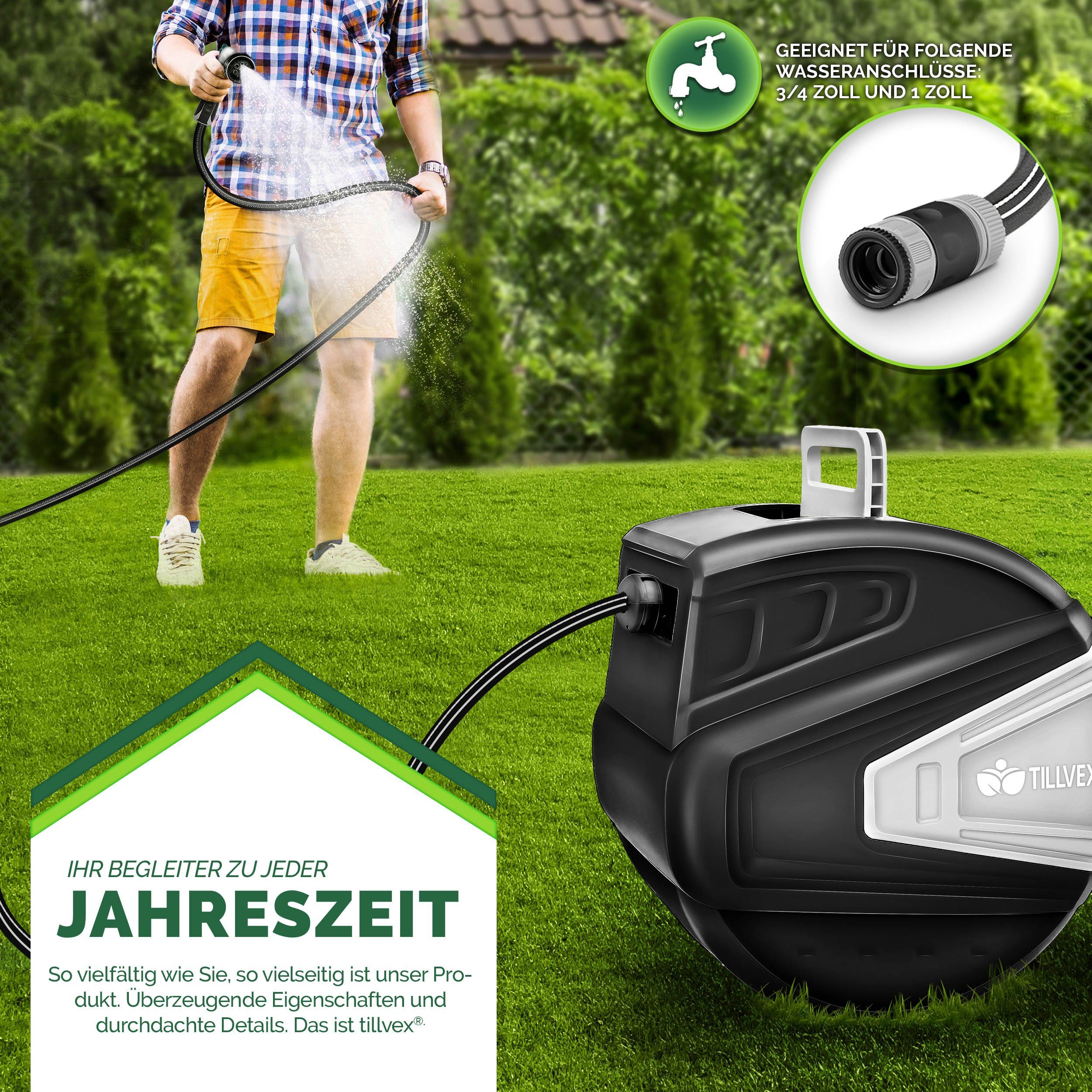 tillvex Schlauchtrommel Wasser mit Wandhalterung + Tragegriff, (Schlauchaufroller mit Handbrause und Gartenschlauch), 180° Schwenkbar Wand-Schlauchbox mit Aufroll-Automatik