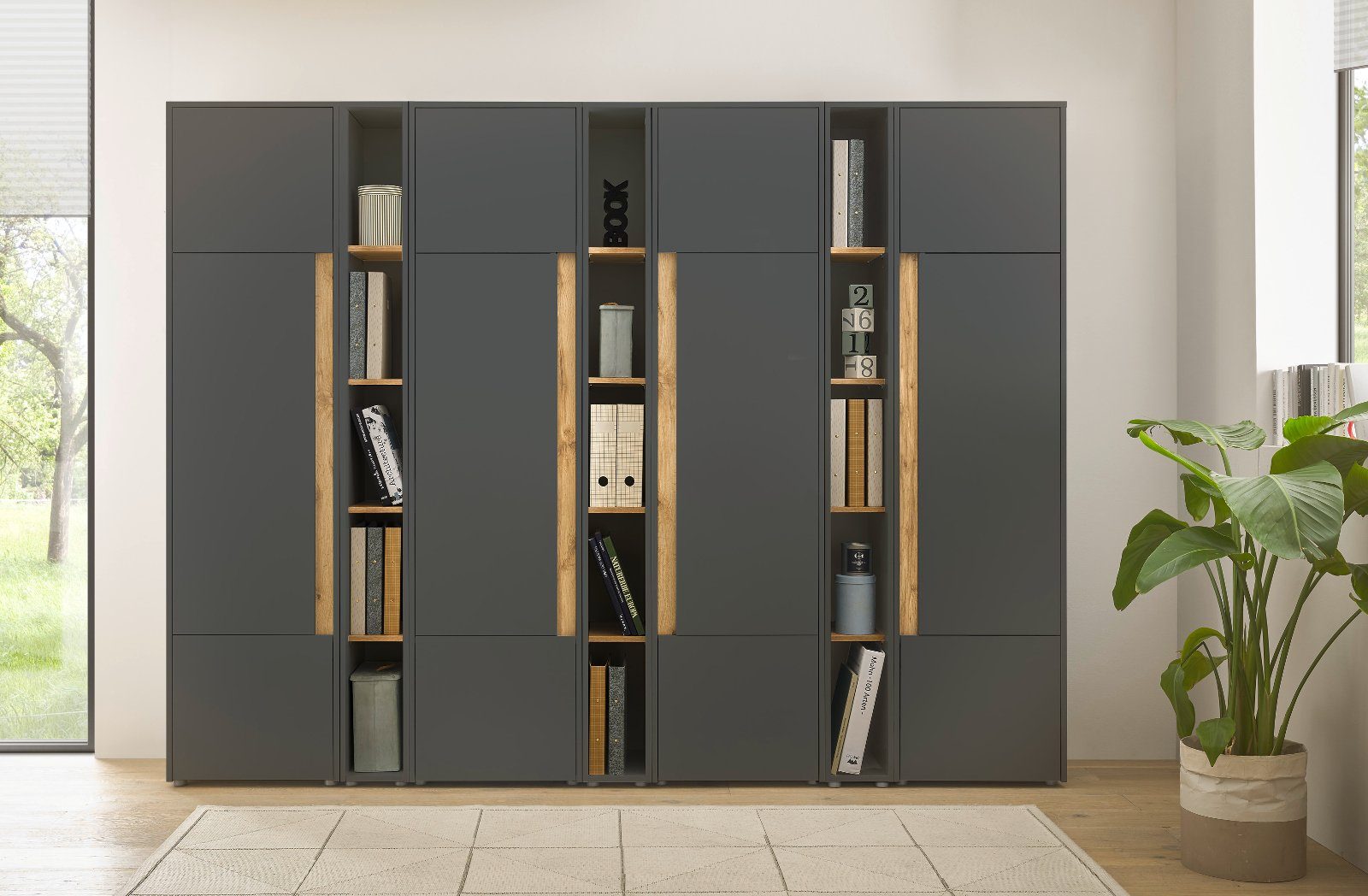 Furn.Design Aktenregal Center, Regalschrank in grau mit Wotan Eiche, 4 Fächer