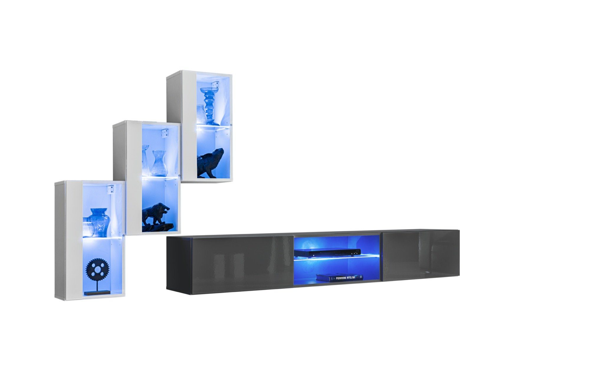 JVmoebel Wohnwand Moderner Wohnwand TV-Ständer Garnitur Komplett Hänge Vitrine, (4-St., TV Ständer + 3x Hänge Vitrine), LED beleuchtet