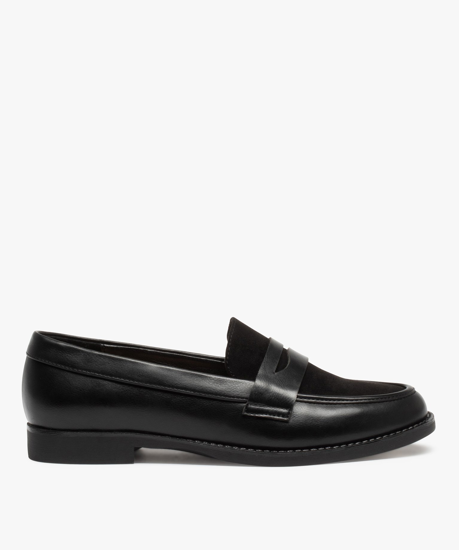 Mocassins femme unis bi-matières à talon plat noir | GEMO