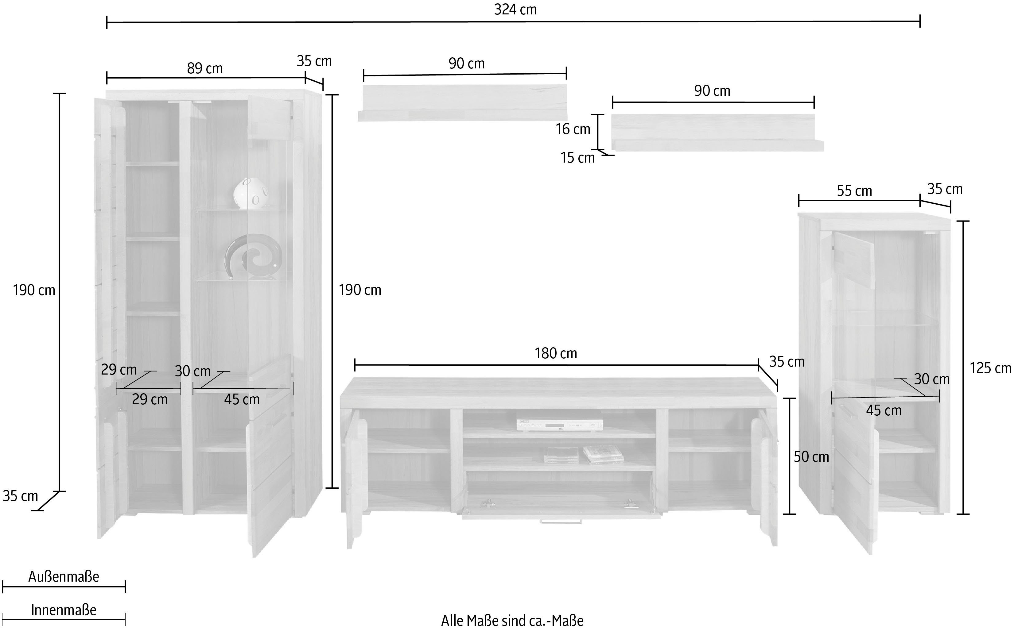 Woltra Wohnwand Falco, (Set, 4-St., 5), Fronten aus Massivholz