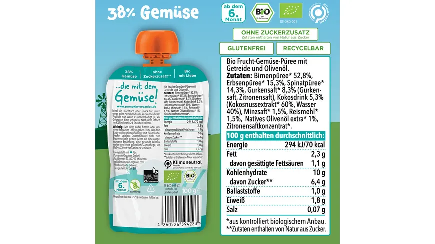 pumpkin organics Bio Quetschie Birne, Erbsen, Spinat, Gurke, Kokos, Reis 100 g