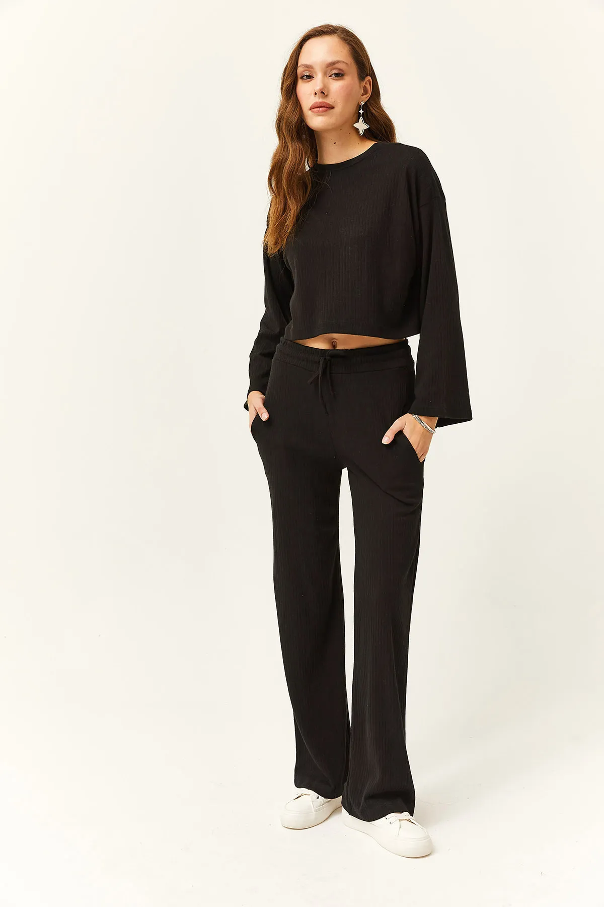 Olalook  Damen Schwarzes Oberteil Lockere Bluse Unterteil Taschenhose Set