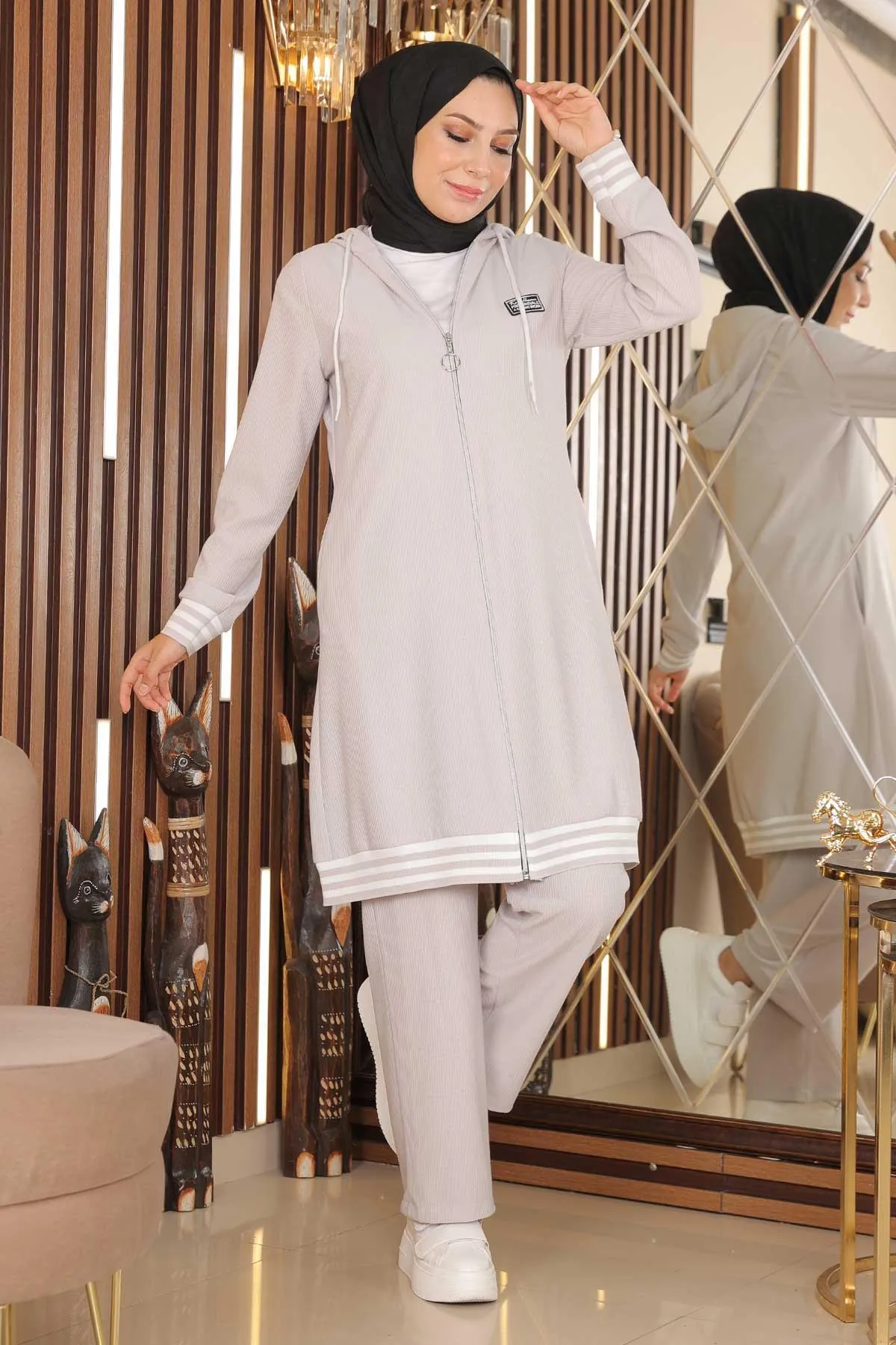 Modamihram  Gerippter Anzug mit Reißverschluss, Beige 10404